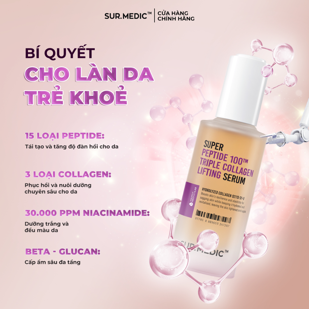 Ảnh Combo Siêu Tinh Chất Và Kem Dưỡng Phục Hồi và Trẻ Khoẻ Da SURMEDIC Super Peptide 100™ Collagen Lifting Serum 100ml 1
