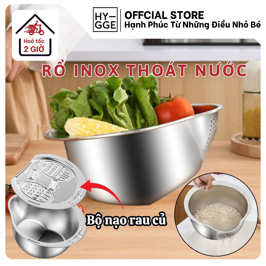 Rổ Inox 304 Có Lỗ Thoát Nước Vo Gạo Rửa Rau Tiện Dụng Kèm Nắp Tích Hợp ...
