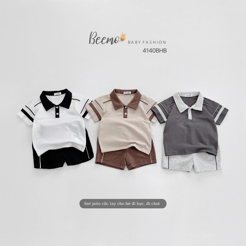 Bộ cotton polo phối tay trơn màu cho bé trai, bộ cotton cổ đức basic phối cá tính cho bé 4140BHB
