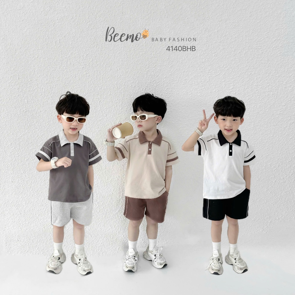 Bộ cotton polo phối tay trơn màu cho bé trai, bộ cotton cổ đức basic phối cá tính cho bé 4140BHB