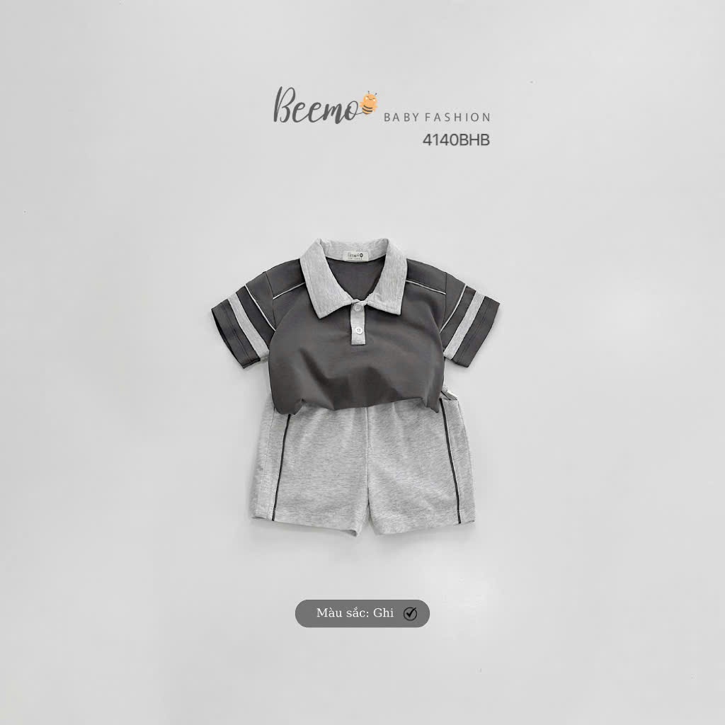 Bộ cotton polo phối tay trơn màu cho bé trai, bộ cotton cổ đức basic phối cá tính cho bé 4140BHB