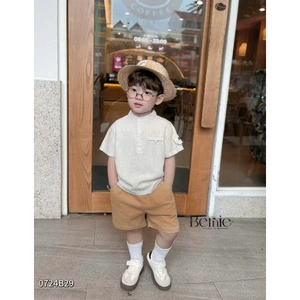 Bộ sơ mi linen cổ trụ cá tính cho bé,set sơ mi cộc tay trơn màu basic bé trai 0724B29