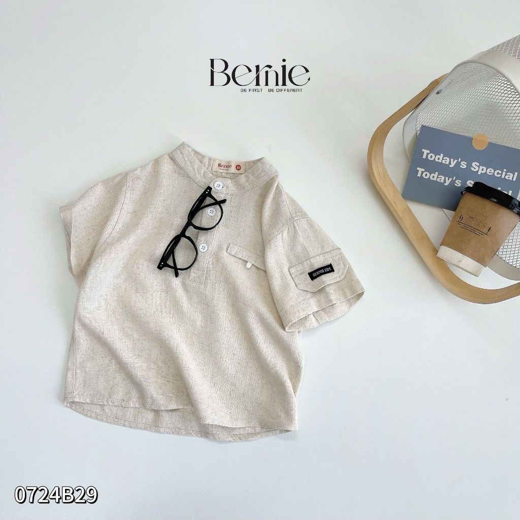 Bộ sơ mi linen cổ trụ cá tính cho bé,set sơ mi cộc tay trơn màu basic bé trai 0724B29