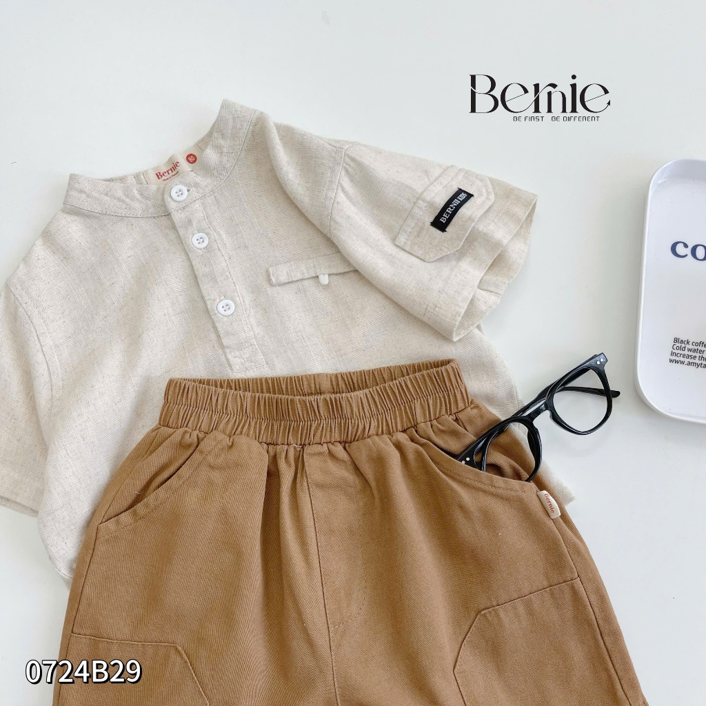 Bộ sơ mi linen cổ trụ cá tính cho bé,set sơ mi cộc tay trơn màu basic bé trai 0724B29