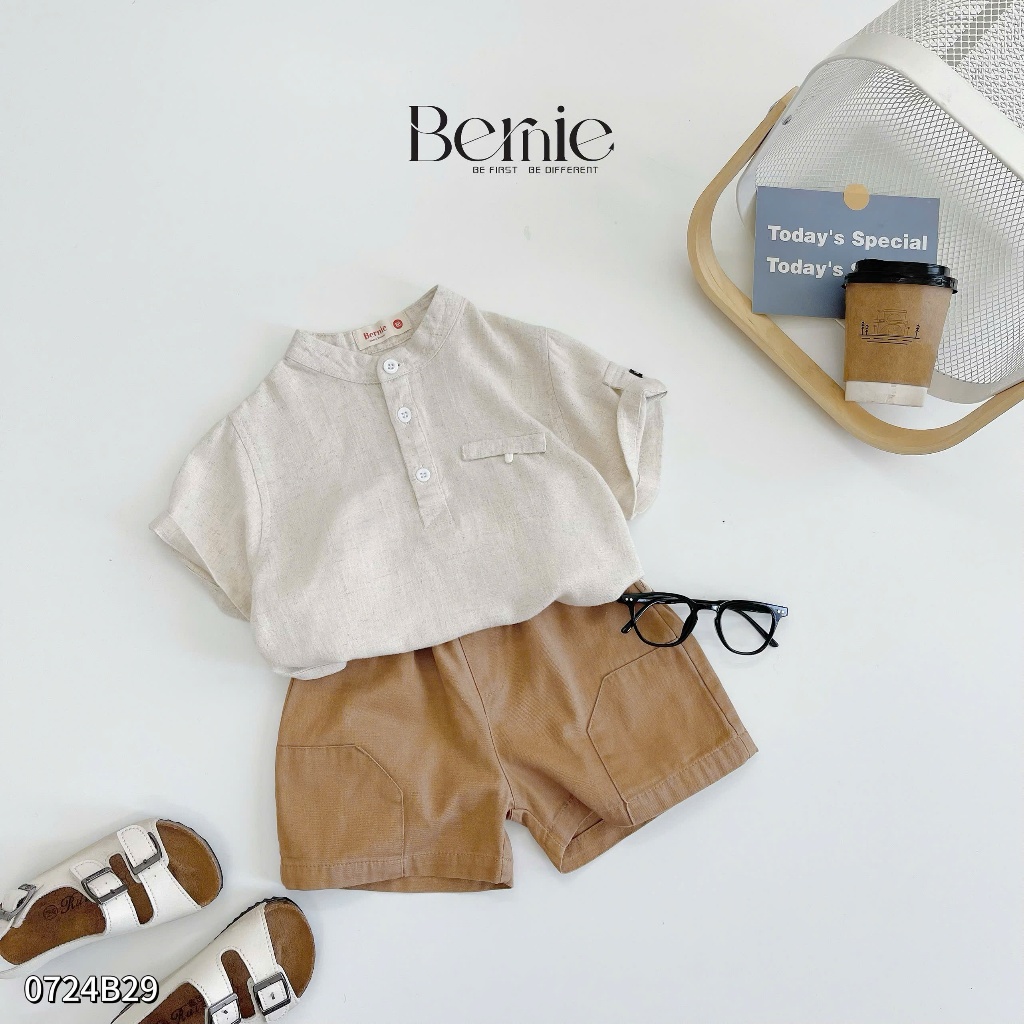 Bộ sơ mi linen cổ trụ cá tính cho bé,set sơ mi cộc tay trơn màu basic bé trai 0724B29