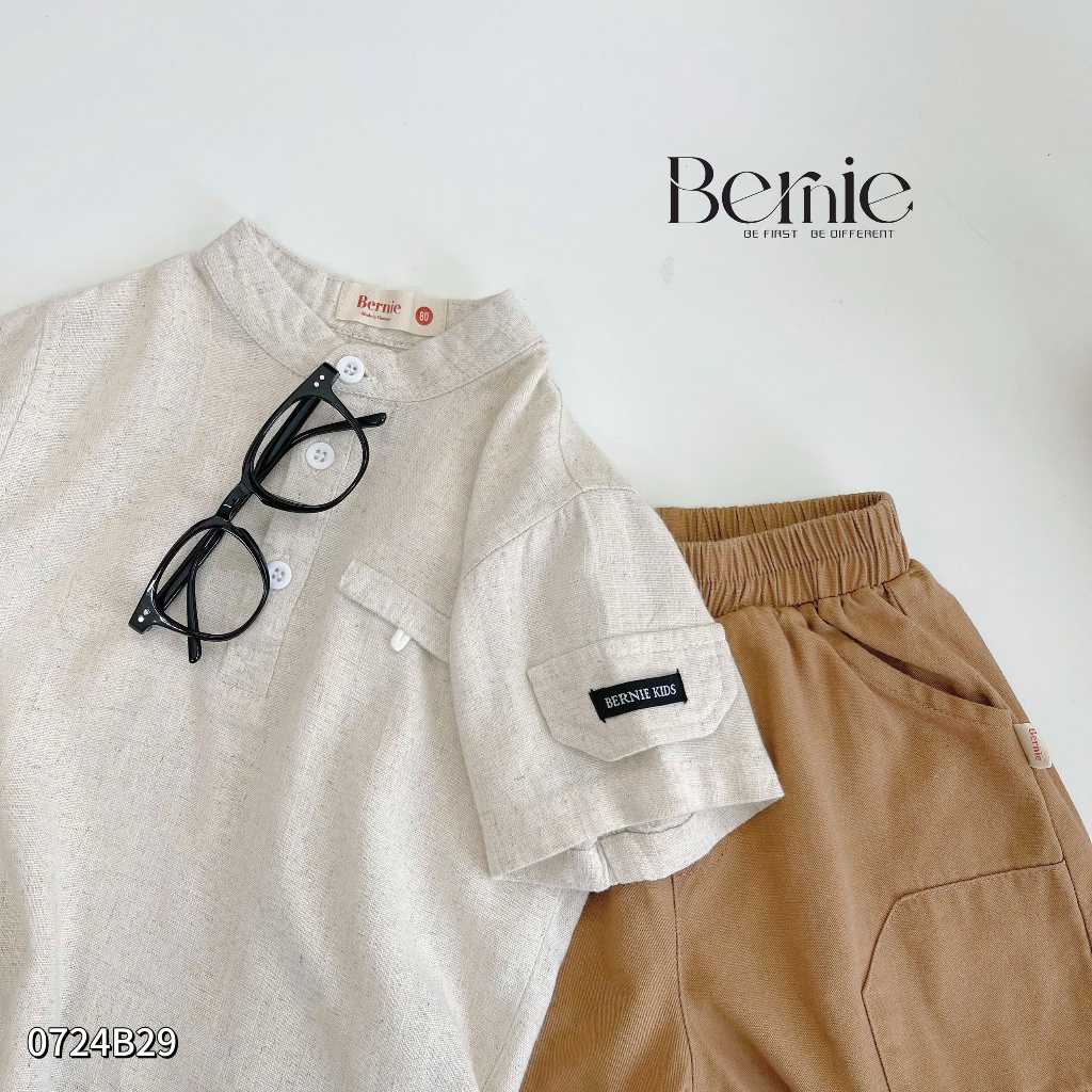Bộ sơ mi linen cổ trụ cá tính cho bé,set sơ mi cộc tay trơn màu basic bé trai 0724B29