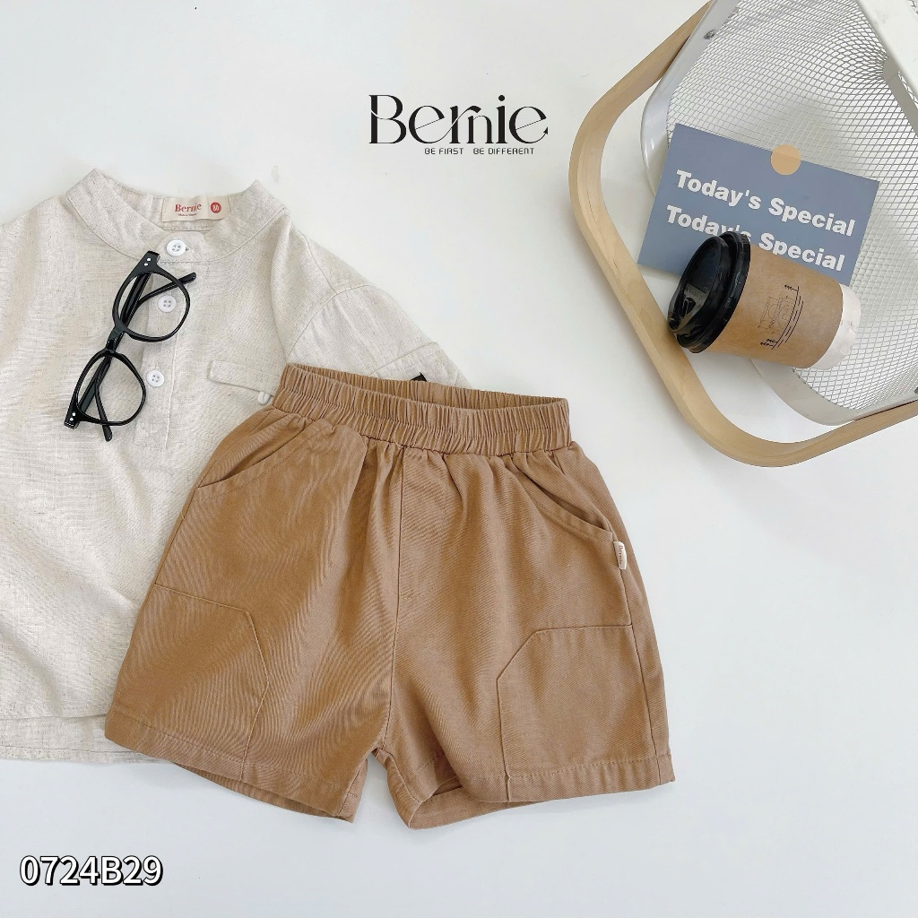 Bộ sơ mi linen cổ trụ cá tính cho bé,set sơ mi cộc tay trơn màu basic bé trai 0724B29