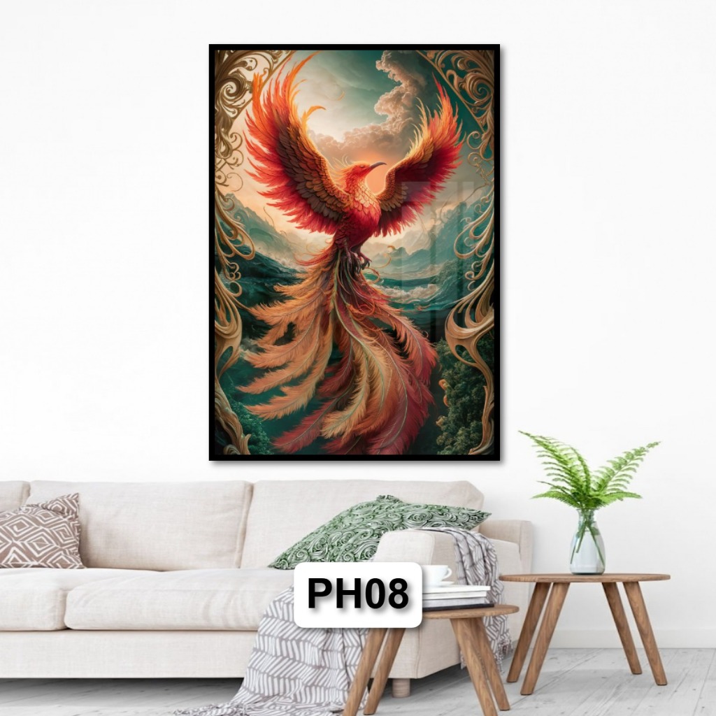 Tranh Phượng Hoàng - Tranh Gỗ Tráng Gương Có Khung Treo Tường Decor Nhà Trang Trí Phòng Khách Không Gian Làm Việc