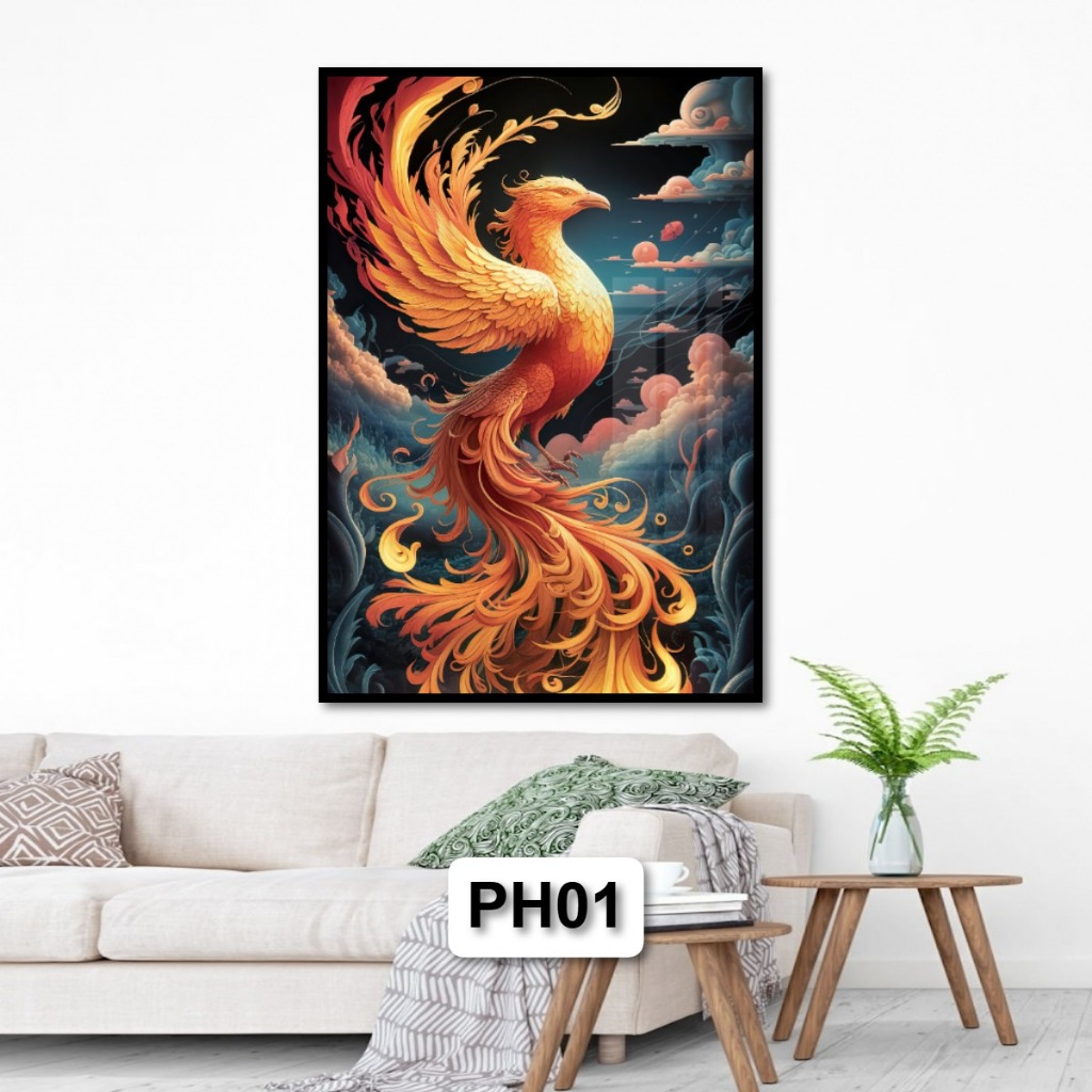 Tranh Phượng Hoàng - Tranh Gỗ Tráng Gương Có Khung Treo Tường Decor Nhà Trang Trí Phòng Khách Không Gian Làm Việc
