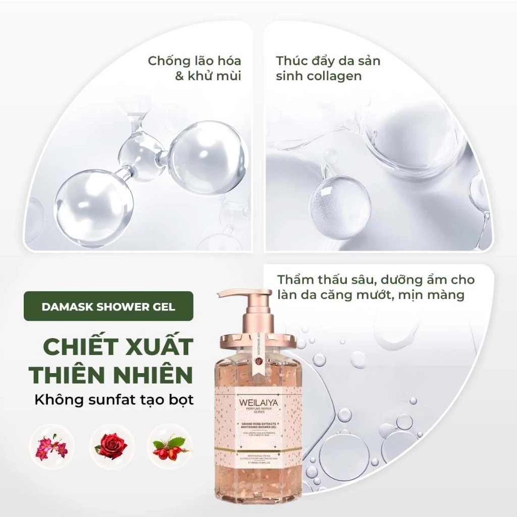 Ảnh Sữa tắm dưỡng trắng cánh hoa hồng Damask Weilaiya Shower Gel làm sạch và sáng da toàn thân 450ml 2