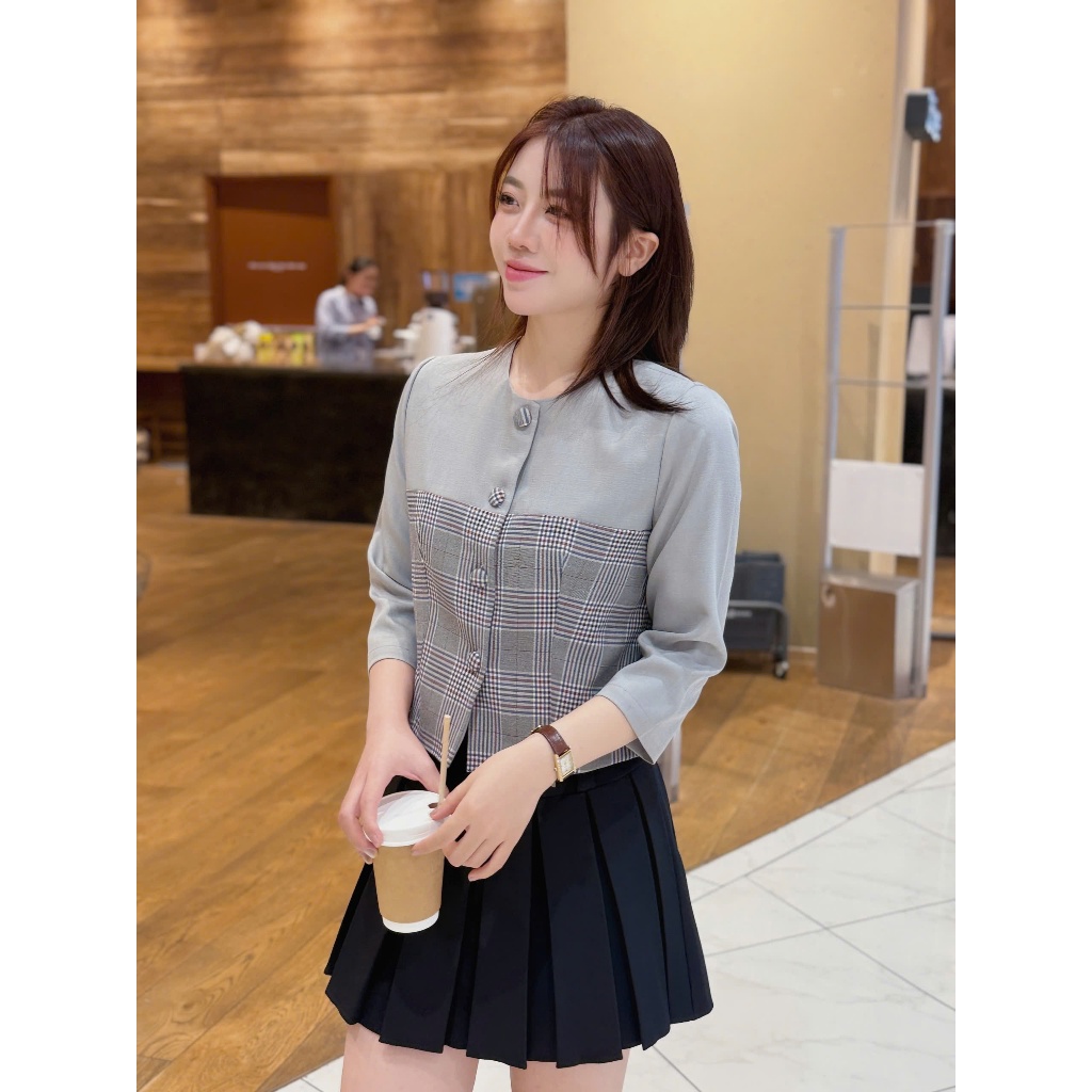 Áo Sơ Mi Nữ Tay Lửng Cổ Tròn Phối Kẻ Dáng Ngắn, Sơ Mi Nữ Công Sở Kiểu Hàn Quốc Trẻ Trung - SM83
