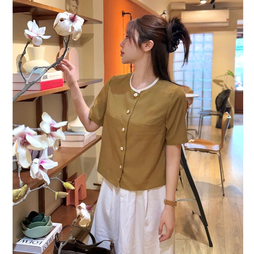 Áo Sơ Mi Nữ Ngắn Tay Cổ Tròn Basic Dáng Ngắn Tiểu Thư  Kiểu Hàn Quốc Nữ Tính - SM89