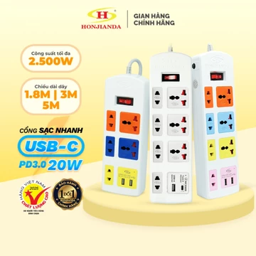 Ổ Cắm Điện Đa Năng HONJIANDA Sạc Nhanh TYPE-C USB PD20W Mã 04, Chịu Tải 2500W, Cầu Chì Tự Ngắt