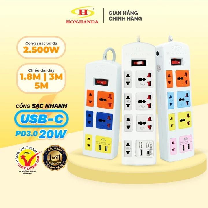 Ổ Cắm Điện Đa Năng HONJIANDA Sạc Nhanh TYPE-C USB PD20W Mã 04, Chịu Tải 2500W, Cầu Chì Tự Ngắt