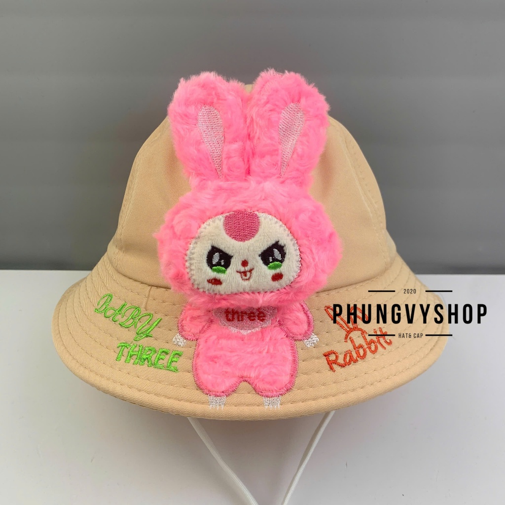 Bé 3-6  Tuổi/Vđ 53cm_Mũ bucket tai bèo vành trai gái trẻ em phungvyshop-nón /Bo trung Kaki BABY THREE "TH"   /