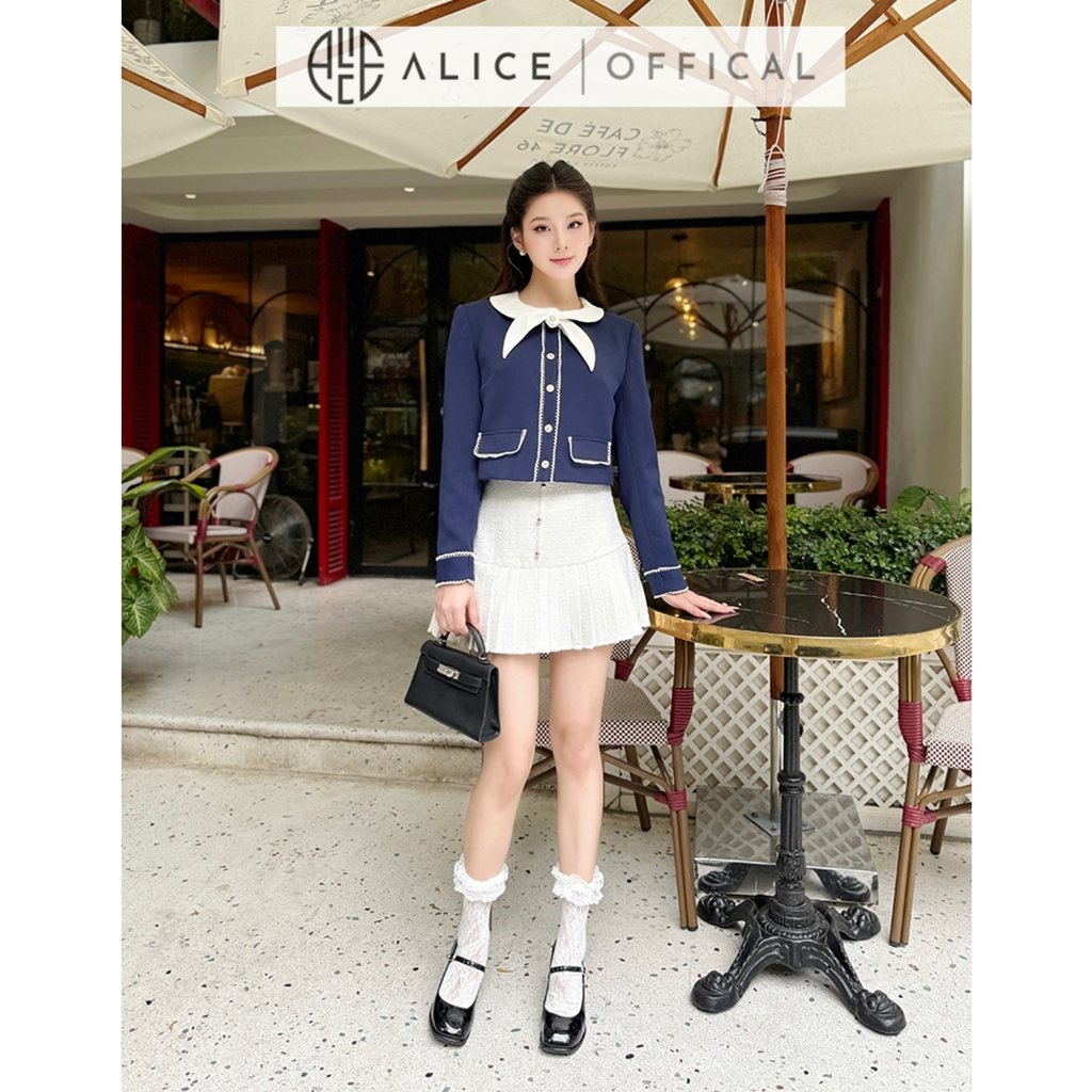 Set Váy Tiểu Thư Alice Áo Chất Gold Nhật Ép Mùng Cố Phối Nơ Kèm Chân Váy Chất Dạ Tweet Kim Sa Xếp Ly Đuôi Váy S814