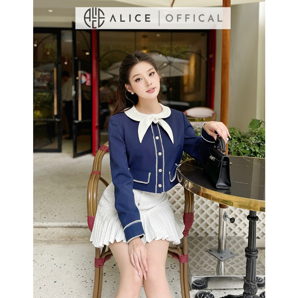 Set Váy Tiểu Thư Alice Áo Chất Gold Nhật Ép Mùng Cố Phối Nơ Kèm Chân Váy Chất Dạ Tweet Kim Sa Xếp Ly Đuôi Váy S814