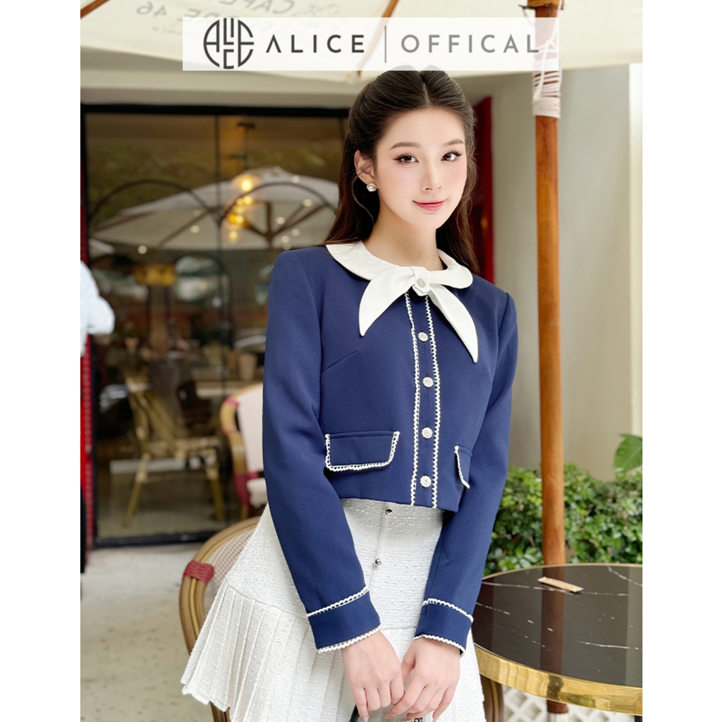 Set Váy Tiểu Thư Alice Áo Chất Gold Nhật Ép Mùng Cố Phối Nơ Kèm Chân Váy Chất Dạ Tweet Kim Sa Xếp Ly Đuôi Váy S814