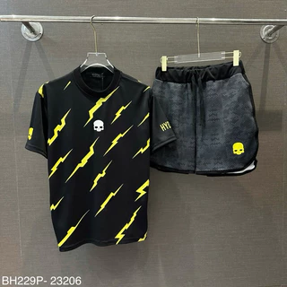 Bộ Đồ Nam Cộc Tay Mặc Hè PB Cotton In Hoạ Tiết Hình Tia Sét Chéo Thân Logo Đầu Lâu Quần In Loang Dành Cho Boy Phố Đi Học