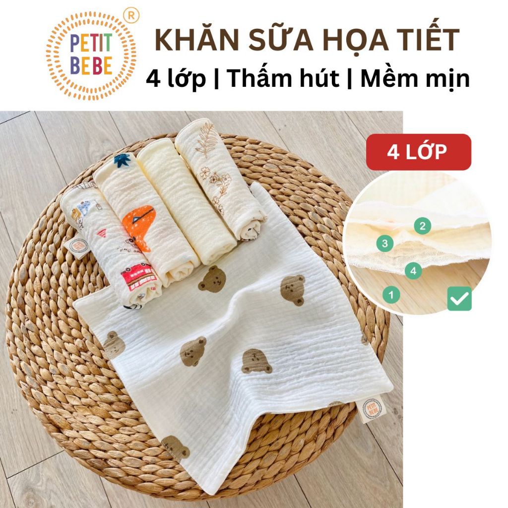 Ảnh Khăn sữa cho bé Petit Bebe muslin thấm hút mềm mại cho làn da bé họa tiết bé trai bé gái 1