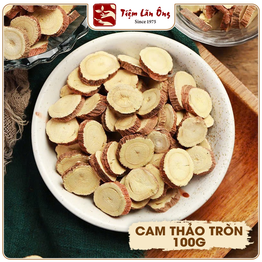Cam thảo 100g, sấy khô, thái lát tròn, vị ngọt tự nhiên, giúp thanh nhiệt, giảm ho, tiêu đờm
