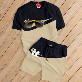 Bộ Cộc Tay N-KE Thể Thao Nam Cổ Tròn Phối Ngực Chất Cotton Cá Sấu Thấm Hút Mồ Hôi Co Giãn Thời Trang