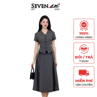 Áo kiểu chất xước màu ghi chấm bi đen thời trang nữ Seven.AM H113118I