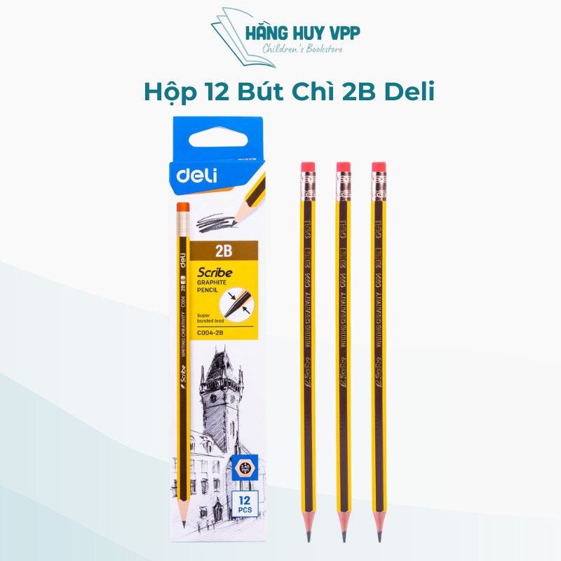 Hộp 12 bút chì 2B Deli - viết chì - Scribe kẻ sọc vàng sọc đen C004
