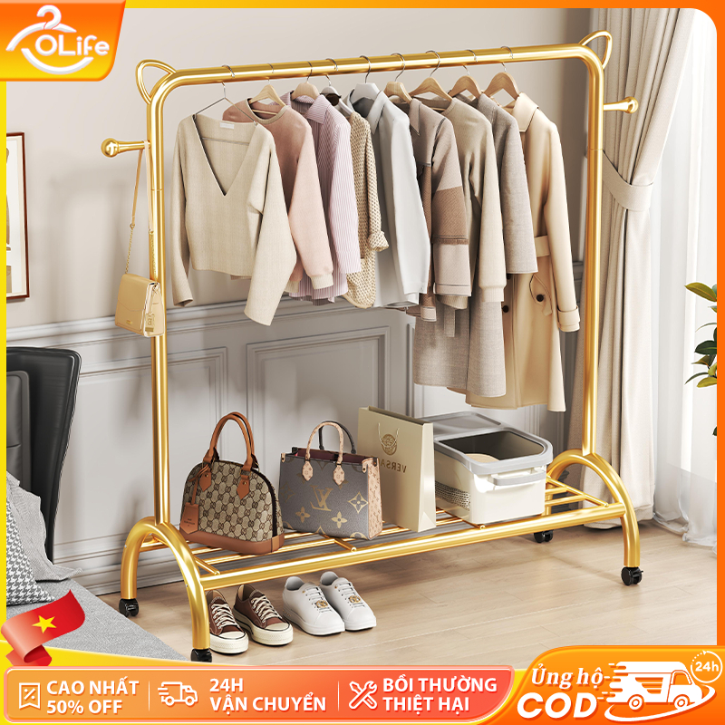 𝐎𝐥𝐢𝐟𝐞 Giá Treo Quần Áo Đa Năng Móc Treo Quần Áo Hình Tai Mèo Giá Phơi Thông Minh Giàn Phơi Đồ Có Bánh Xe Vàng.Đen.Trắng
