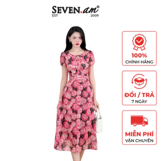 Đầm xòe tơ ánh mềm cổ thắt dây nơ họa tiết hoa chùm 3d hồng thời trang nữ Seven.AM H603243D