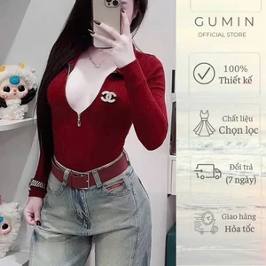 Áo body suit GUMIN thiết kế cổ bẻ có khoá ngực kèm tag đá rời , Áo body tôn dáng sang trọng cao cấp
