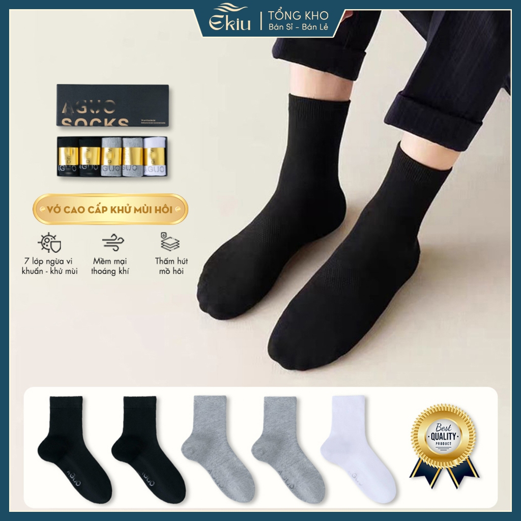 Tất vớ nam nữ cổ cao chất liệu cotton cao cấp giảm mùi hôi, combo 1 hộp 5 đôi - Ekiu Shop