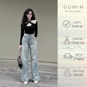 Quần jean suông GUMIN thiết kế dáng suông dài có túi rách sau, Quần bò nữ công sở thanh lịch sang trọng