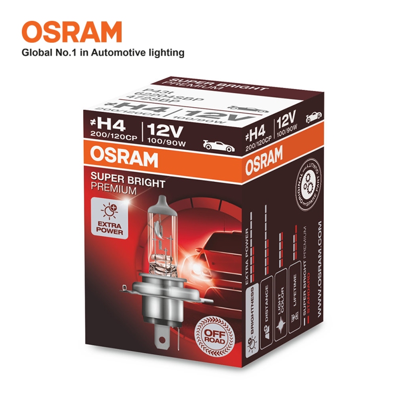 Bóng Đèn Halogen OSRAM Super Bright Premium Dùng Cho Xe ô Tô Xe Máy Chân H4 62204SBP 12V 100/90W - 4800K 2900/1700LM