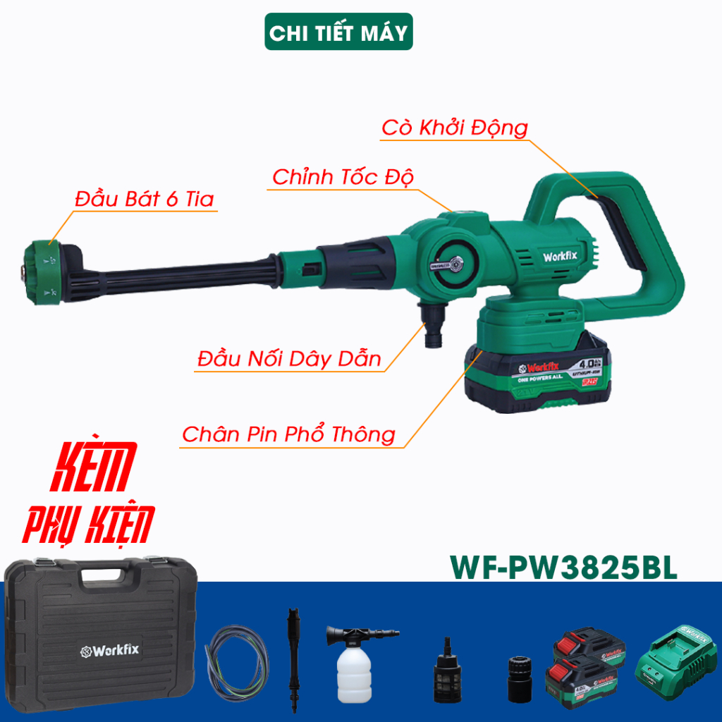 [CHÍNH HÃNG] Máy Rửa Xe Cao Áp Workfix WF-PW3825BL 305W, 6 Chế Độ, 3 Tốc Độ, Không Chổi Than Chính Hãng