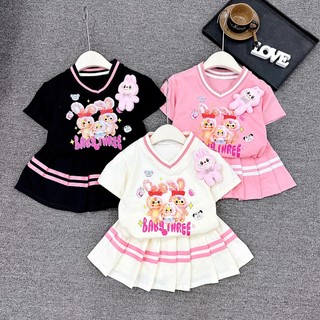 B06 Sét áo phông kèm váy xếp ly có quần bảo hộ in hình BABY THREE cho bé từ 10-30kg