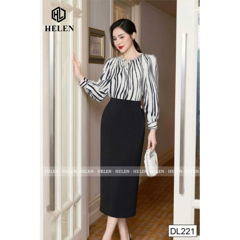 Đầm công sở HELEN thiết kế dáng ôm họa tiết đen trắng phối chân đen tay dài DL221