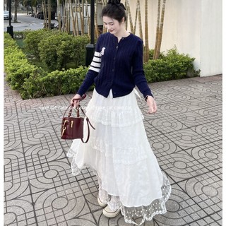 Chân Váy Midi Dáng Dài Viền Ren Chân Váy Dài 4 Tầng Dáng Xòe Cạp Chun Tiểu Thư Xinh Xắn Cakecat