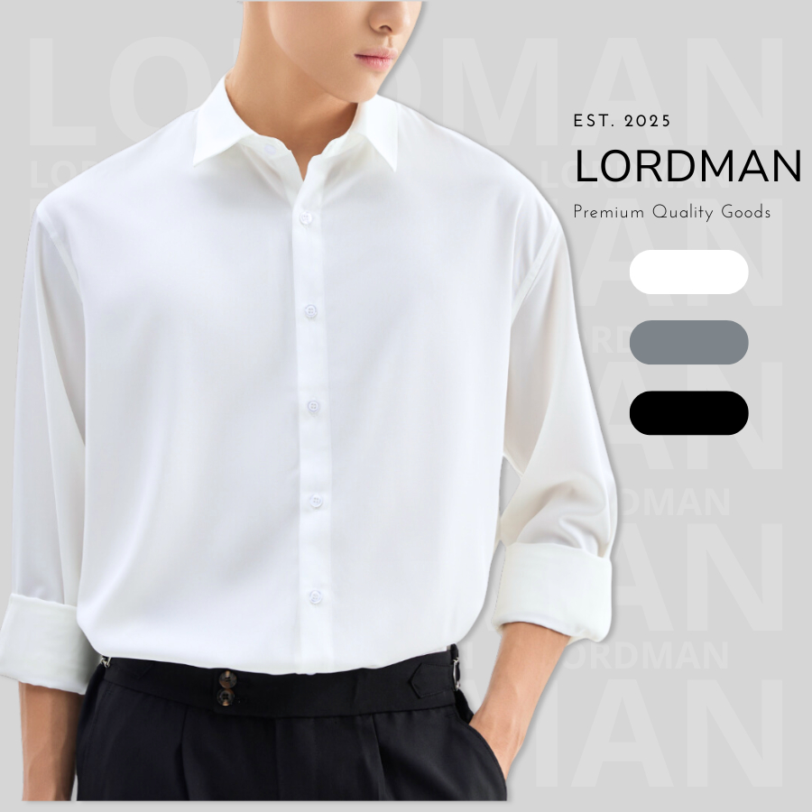 (NEW 2026) Áo sơ mi nam tay dài LORDMAN form slimfit, áo sơ mi đen chất vải lụa chống nhăn cao cấp