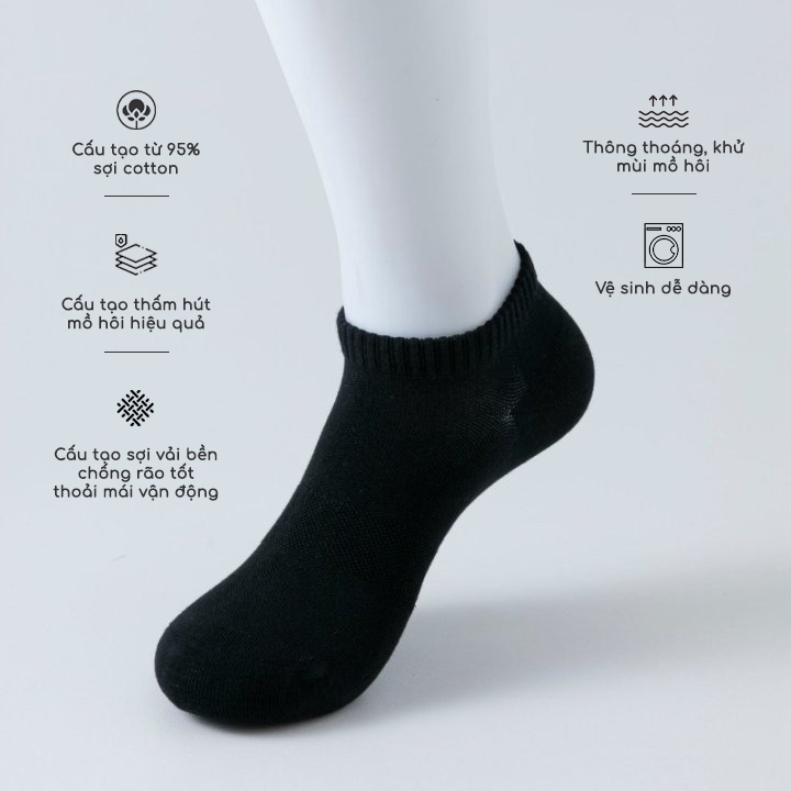 Tất vớ nam nữ chất liệu cotton sử dụng công nghệ mới giúp giảm mùi hôi, 3 chiều cao hộp 5 đôi - Ekiu Shop