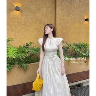 Đầm maxi thời trang nữ chất TƠ cao cấp tay cánh tiên cổ tròn họa tiết IN hoa xinh váy dài dáng xòe