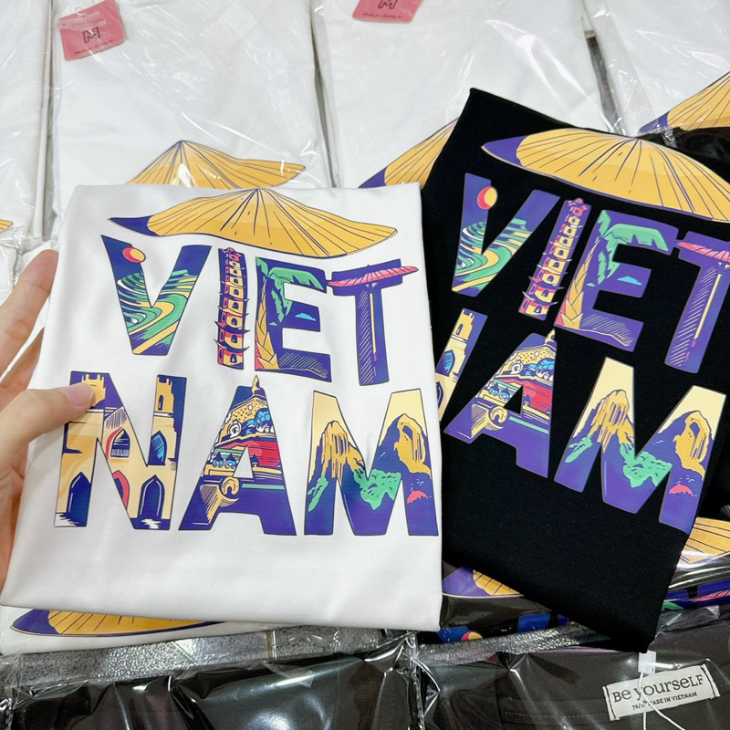Áo thun chữ VIỆT NAM NÓN LÁ Du lịch hè Áo phông unisex nam nữ đen trắng tay ngắn cổ tròn chất cotton mềm ta622