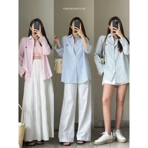 Áo Sơ Mi Kẻ Sọc Nhí Dài Tay Trơn Cho Nữ Xinh Xắn
