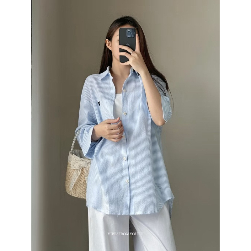 Áo Sơ Mi Kẻ Sọc Nhí Dài Tay Trơn Cho Nữ Xinh Xắn