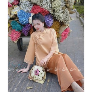Set bộ xinh cho nàng chất áo Tơ tay dài cổ tàu đính cườm mix quần dài ống rộng tuyết nhung mẫu mã sang trọng