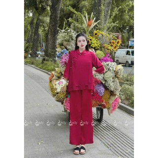 Set bộ xinh cho nàng chất áo Tơ tay dài cổ tàu đính cườm mix quần dài ống rộng tuyết nhung mẫu mã sang trọng