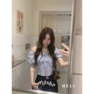 Áo kiểu cổ vuông đính nơ dáng crotop, mặc đi học đi chơi LAVIAN A06