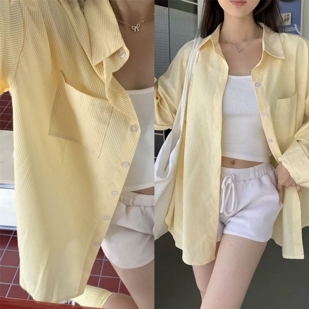 Áo sơ mi dài tay màu vàng kẻ sọc nhỏ trắng có túi ngực dáng rộng phong cách năng động ASM004 - Tiktik