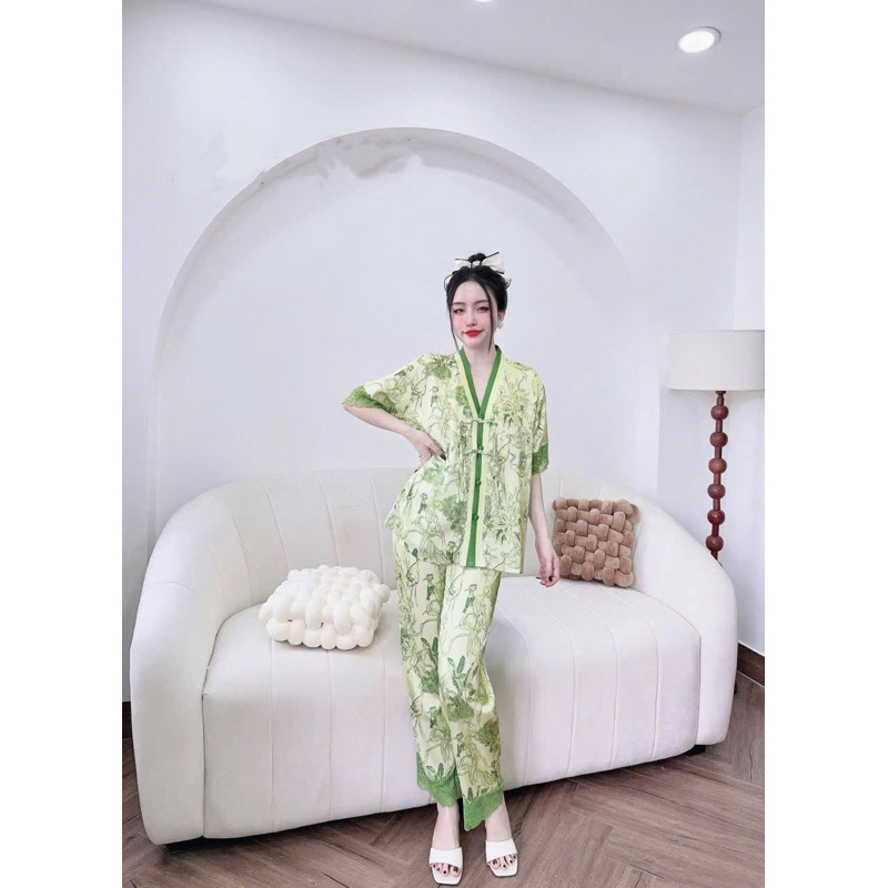 Bộ ngủ mặc nhà cho nữ NÚT THẮT lụa mịn mềm mát quần suông có túi
