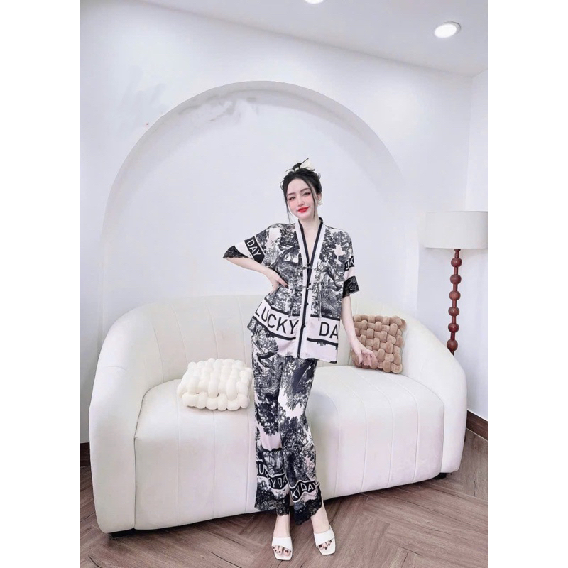 Bộ ngủ mặc nhà cho nữ NÚT THẮT lụa mịn mềm mát quần suông có túi
